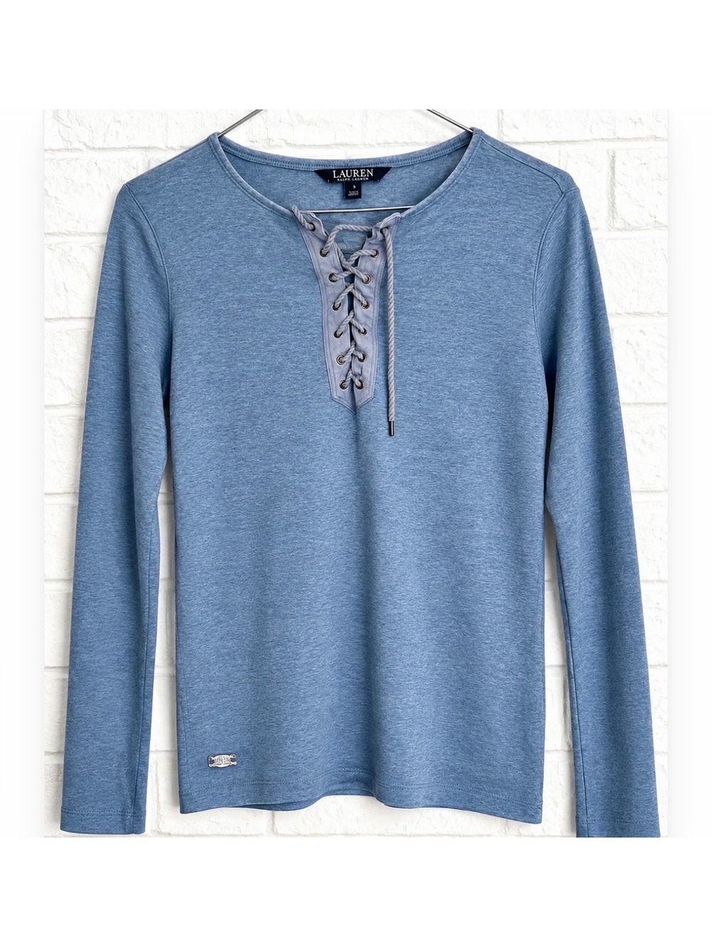 Vintage Ralph Lauren Light Blue Lace-Up Henley Top. Long Sleeve. Size Small